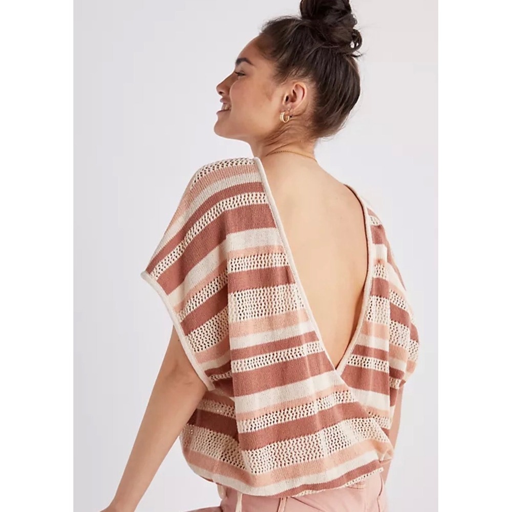 Anthropologie Boho Granola Grunge Striped Open Knit Cotton Sweater Top Womens OS